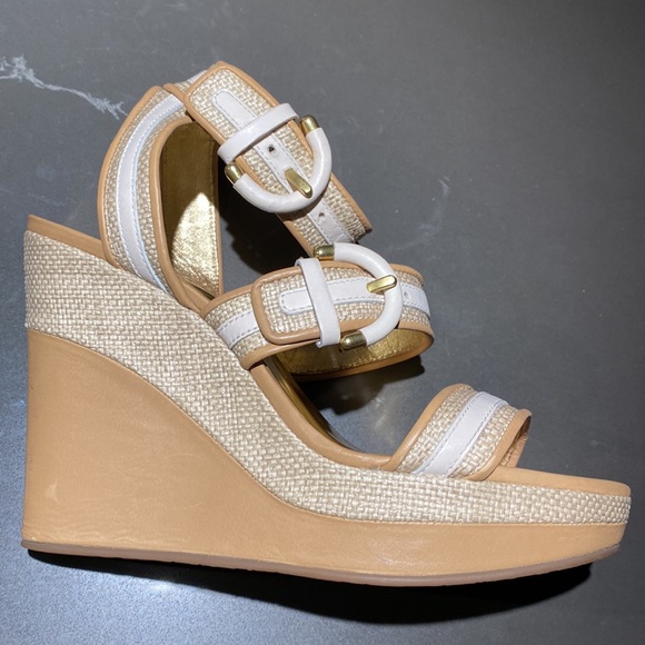 Coach Gold & White Woven Wedge Heels - Picture 8 of 11